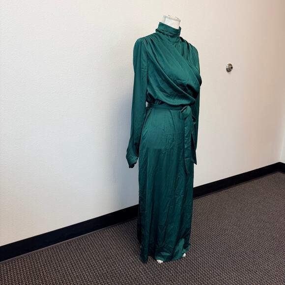 Alexa Admor Emerald Green Long Dress Rouched Sleeve High Neck Draped Satin Sz 8 - Picture 3 of 14